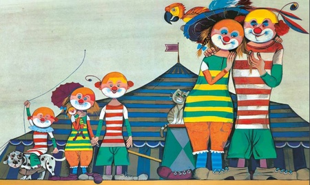 Zeichnung, auf der die Clownfamilie der dummen Augustine zu sehen ist.